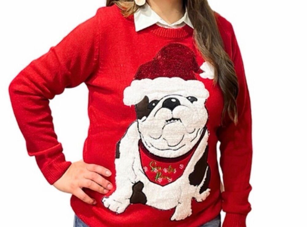 Merry Christmas Red Bulldog Santa Sweater Women’s Small | Sequined Holiday Chris